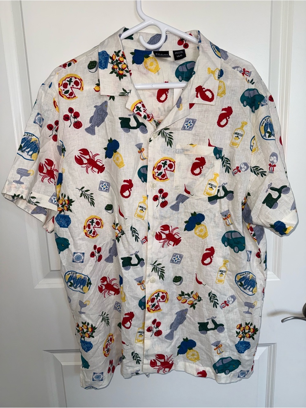 Men's Short-Sleeve Print Button-Up Shirt - White with Multi-Color Motifs